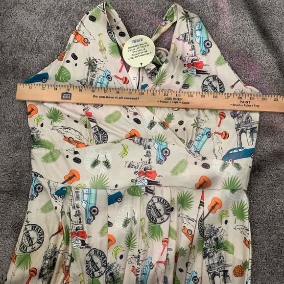 NWT Lindy Bop Cream romper babydoll halter tie back Tiki Print Dress elastic - Picture 10 of 11